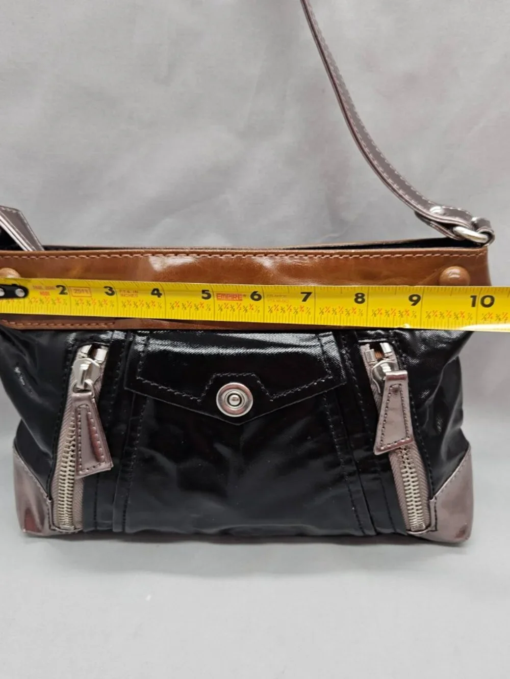Kate Landry Vinyl Shoulder Bag Black Brown Small Hobo Purse Shiny Y2K 90s